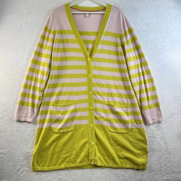Isaac Mizrahi XL Stripe Button Front Cardigan Sweater Long Duster Green Pink - Picture 4 of 14